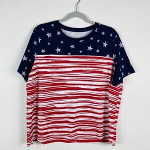 Kim Rogers Size Petite Large Stars Stripes American Flag Short Sleeve Tee Top